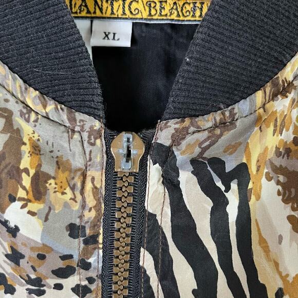 Vintage 80s Atlantic Beach 100% Silk Safari Animal Lightweight Bomber Jacket, XL - Picture 13 of 15